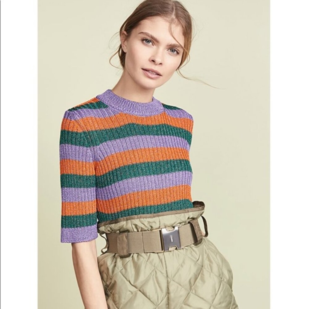 Ganni Multicolor Ribbed Crewneck Sweater - Purple, Orange, Green